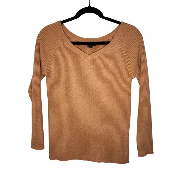 State Cashmere Sweaters - State Cashmere Ribbed Knit Fitted V-neck Cashmere Sweater Camel Brown M